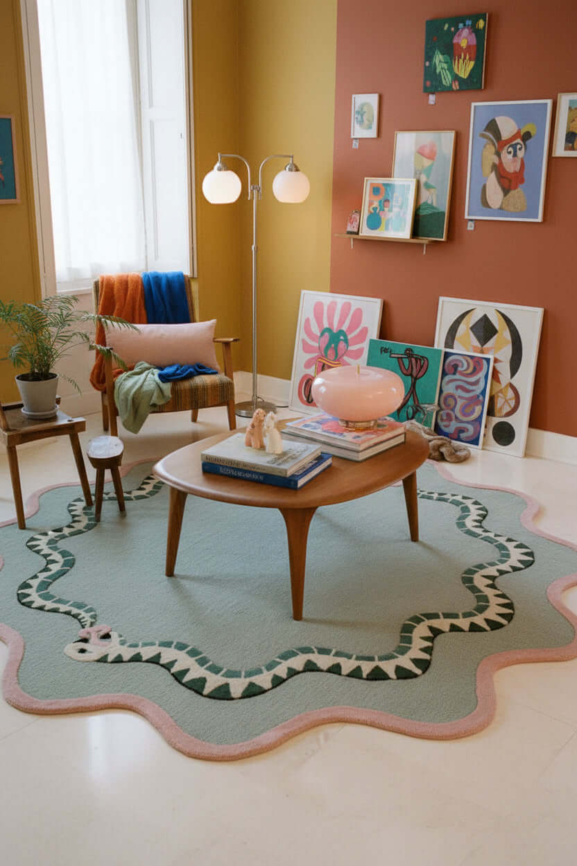 Living room with large round green wool snake statement rug with a wavy pink border and snake motifs