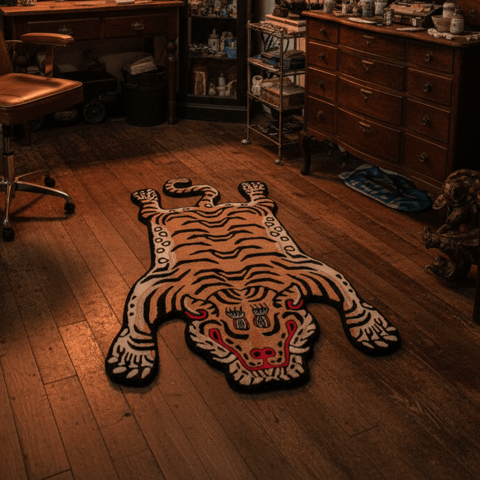 Decorative room with tattoo studio setup, wool Tibetan tiger style statement rug on wooden floor, and various decor items.