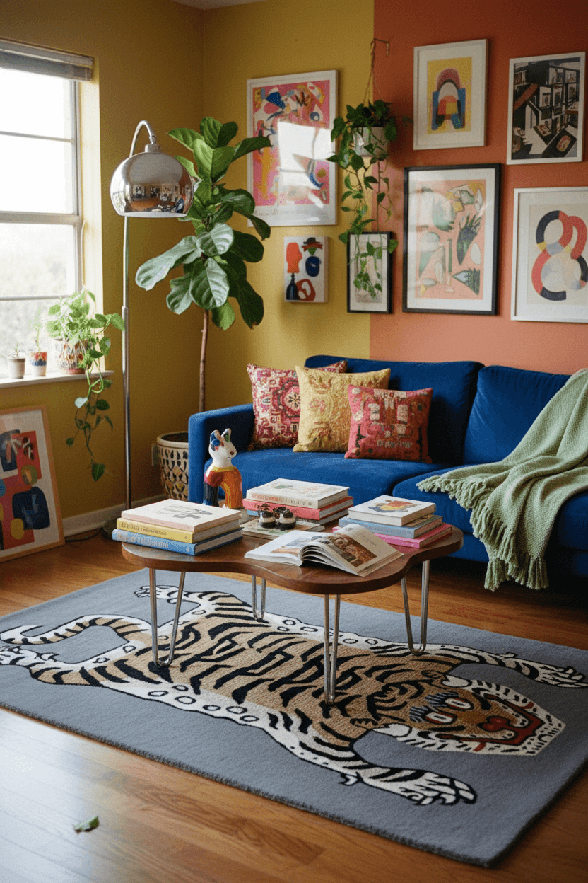 Large grey wool Tibetan Tiger statement rug in a South African living room