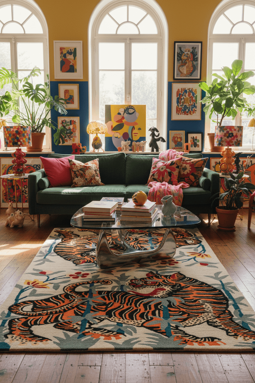 Colorful living room with a large Tibetan Tiger statement rug, and decorative items.
