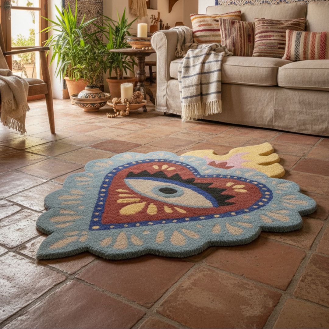 Decorative wool rug with a flaming sacred heart and eye design on a tiled floor in a south african living room.