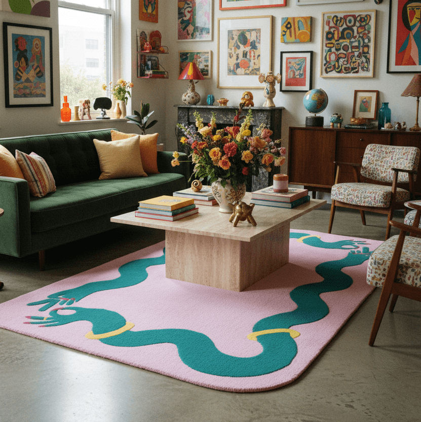 Maximalist decorated room with large pink and green wool statement rug