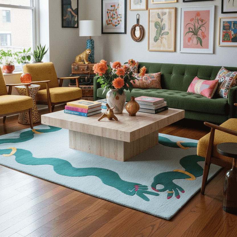 Maximalist decorated living room with a large blue wool statement rug and other decorative items