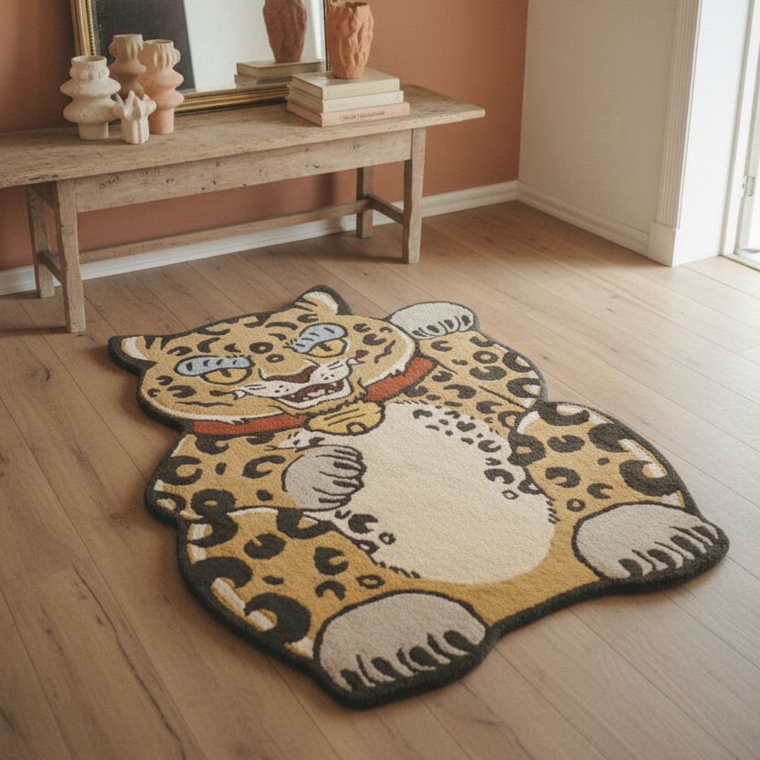 hand-tufted wool leopard rug laying on a hardwood floor