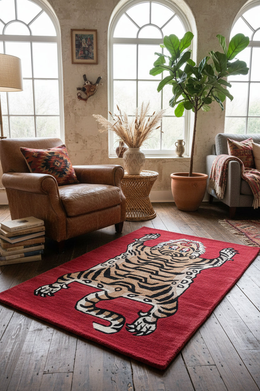 Maroon wool rug with a tiger design against a brick wall.