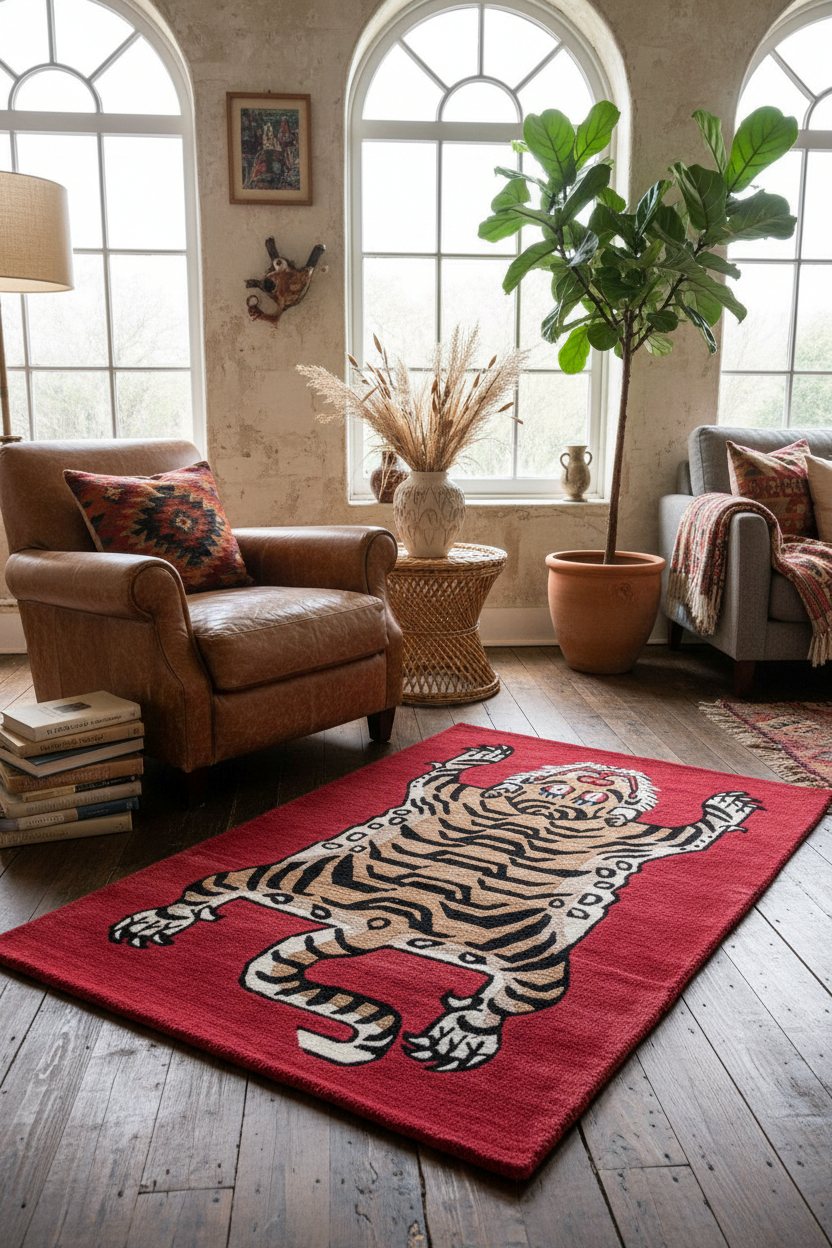 Living room with a marron tibetan tiger rug featuring a tiger design, brown armchair, and large windows.