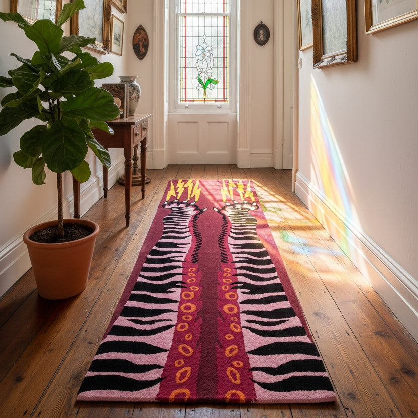 Hand-tufted wool runner rug with tiger arms and lightning bolts