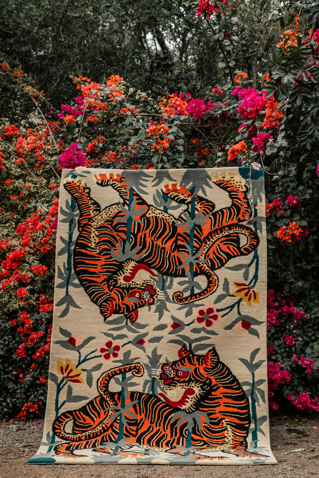 A hand-tufted wool rug featuring a Tibetan Tiger print