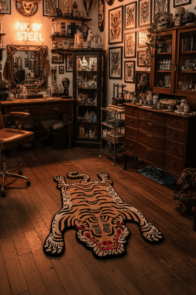 Decorative room with tattoo studio setup, wool Tibetan tiger style statement rug on wooden floor, and various decor items.