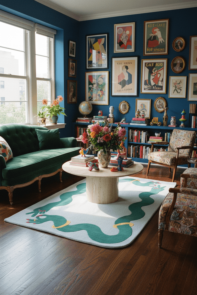 Living room with large blue wool statement rug featuring green wavy arms.