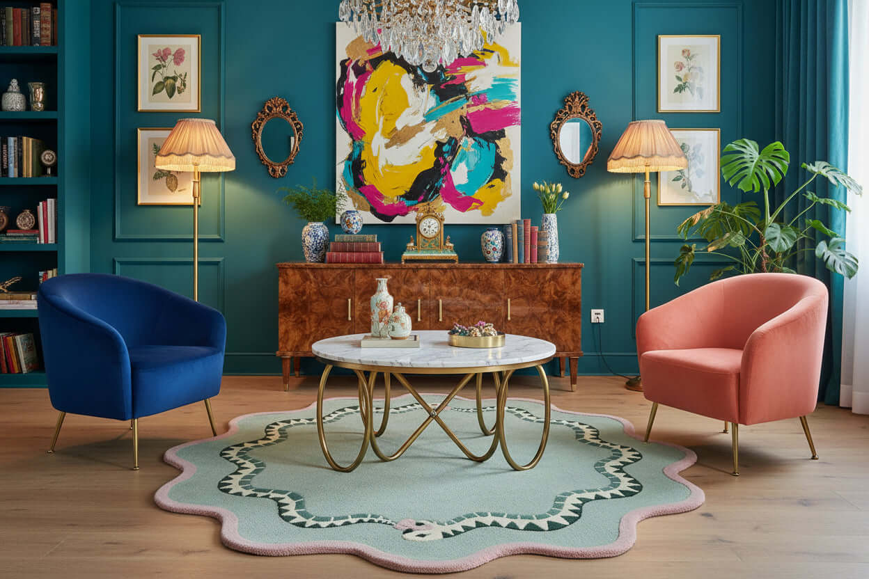 Mid century modern living room eaturing a large hand-tufted wool green and pink statement rug with snake motifs 