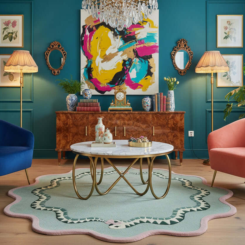 Mid century modern living room eaturing a large hand-tufted wool green and pink statement rug with snake motifs 
