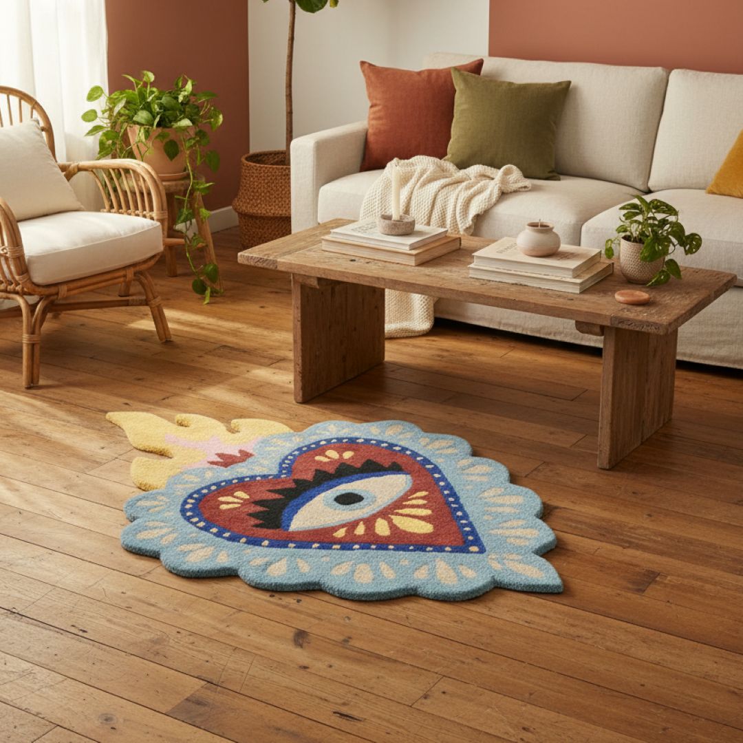 wool living room rug featuring a blue and red sacred heart. south africa