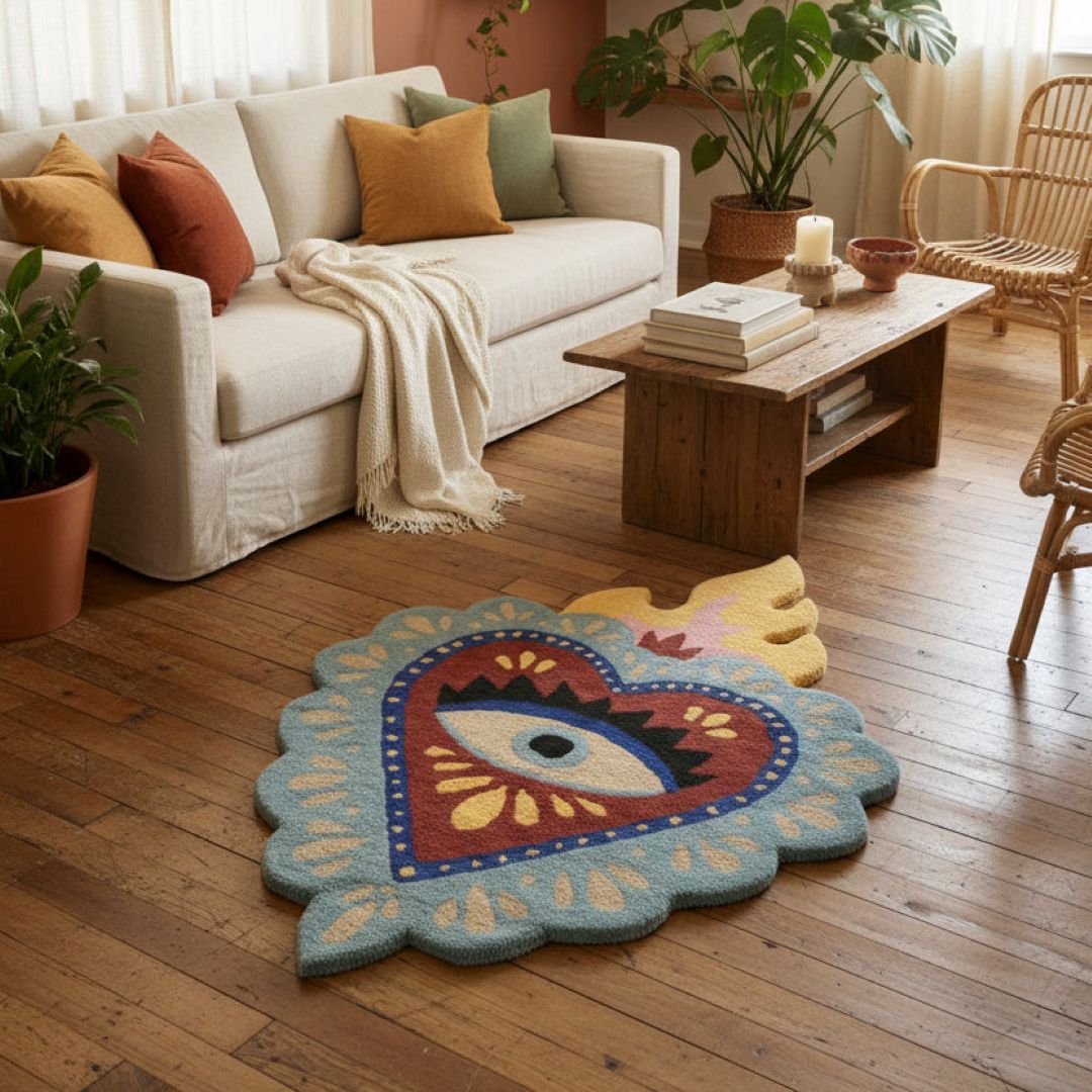 living room with a blue and red sacred heart wool statement rug. south africa