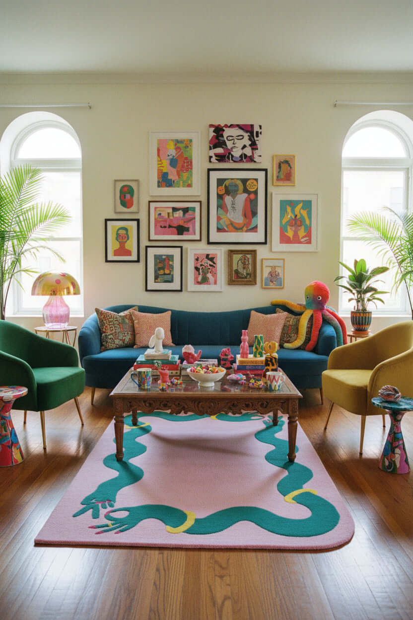 Maximalist decorated living room with large pink wool statement rug under a coffee table 