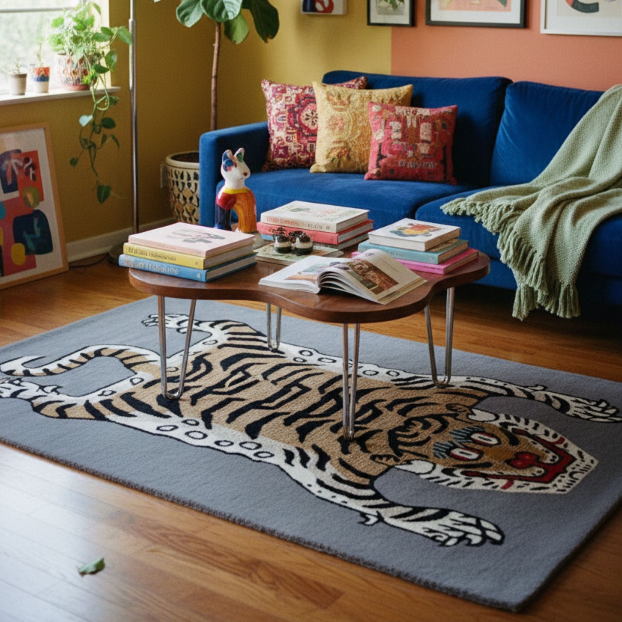 Large grey wool Tibetan Tiger statement rug in a South African living room