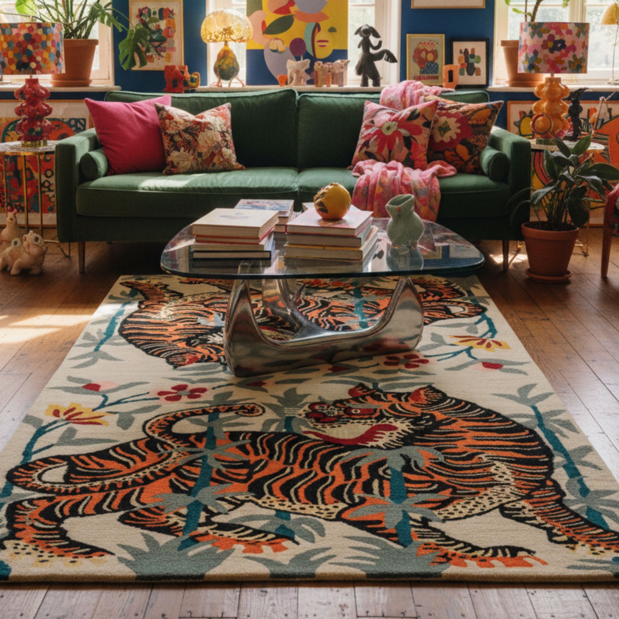 Colorful living room with a large wool Tibetan Tiger statement rug, and decorative items.