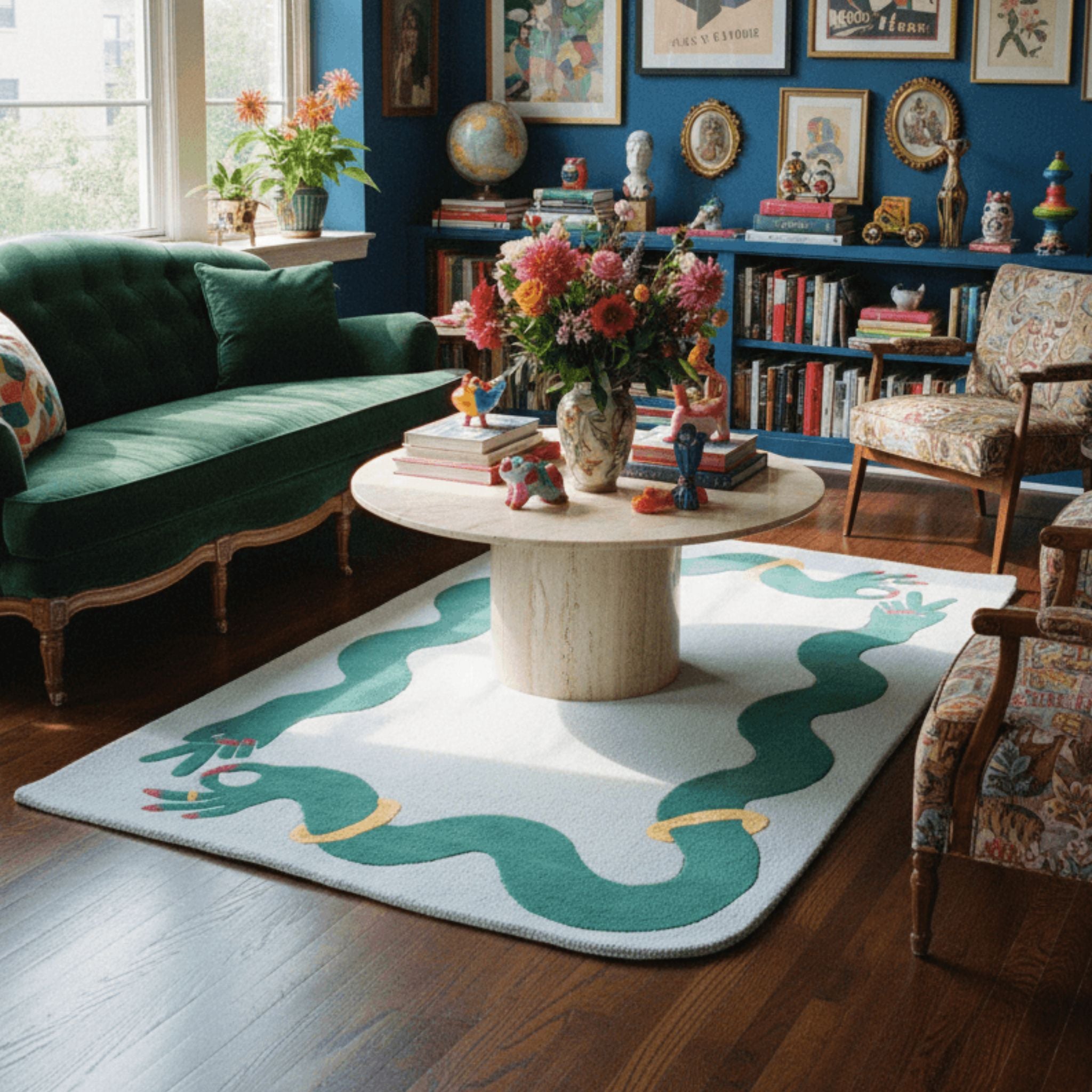 Maximalist decorated living room with a large blue wool statement rug and other decorative items 