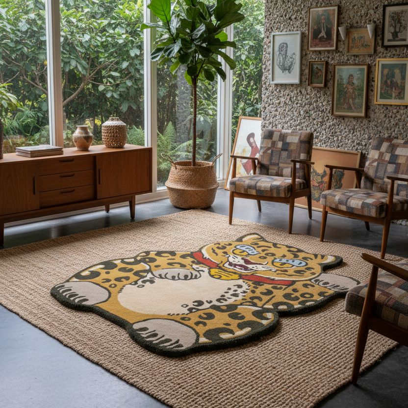 large wool leopard rug with a collar around its neck and a waving hand