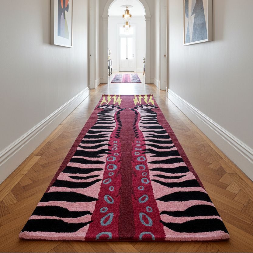 hand-tufted wool runner rug with tiger motifs.