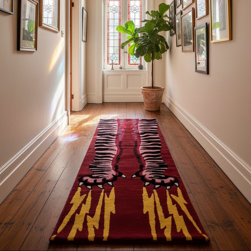 hand-tufted wool tiger runner rug with lightning bolts coming from its paws.