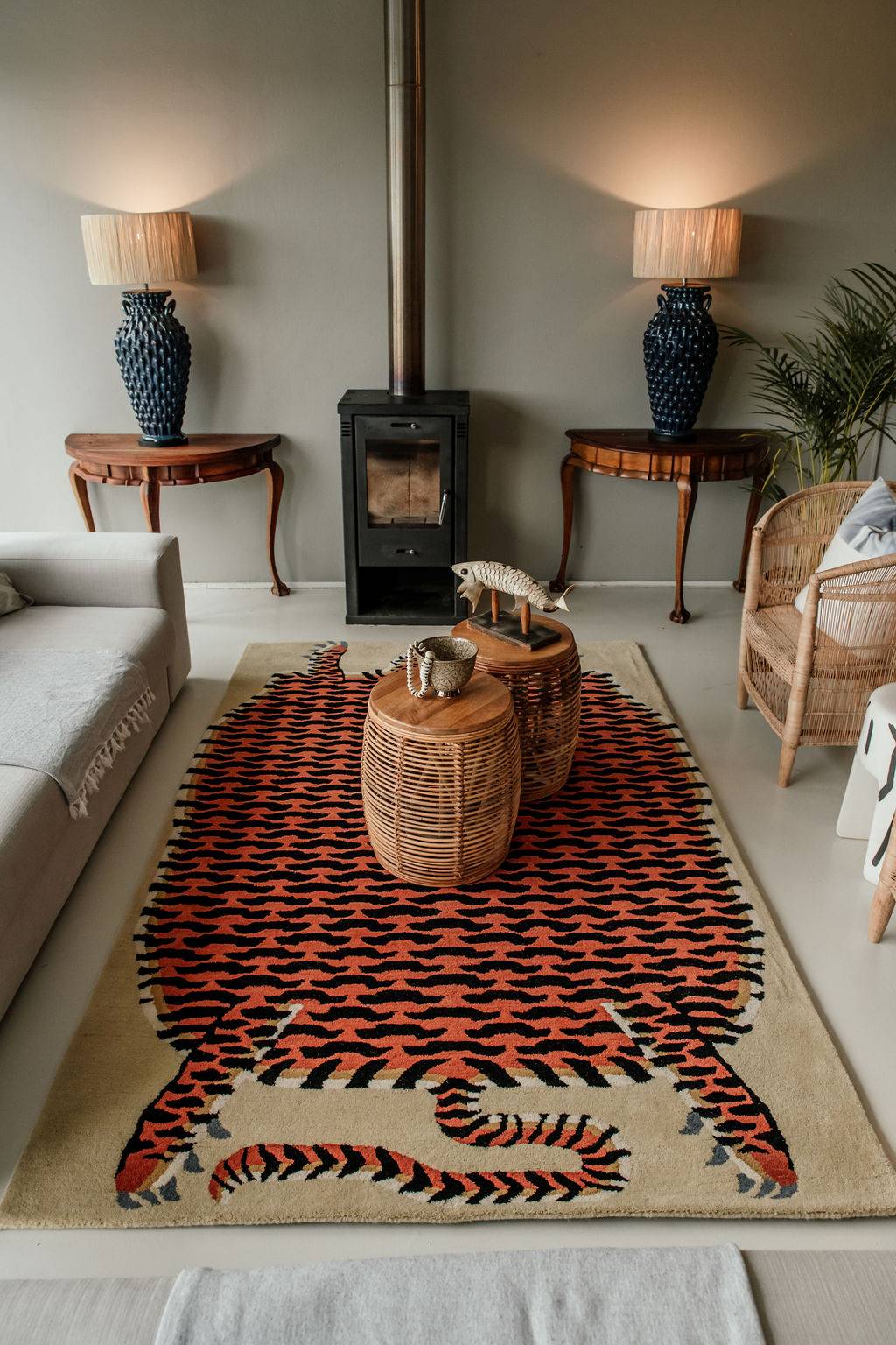 Living room with a tiger-patterned rug in a south african home