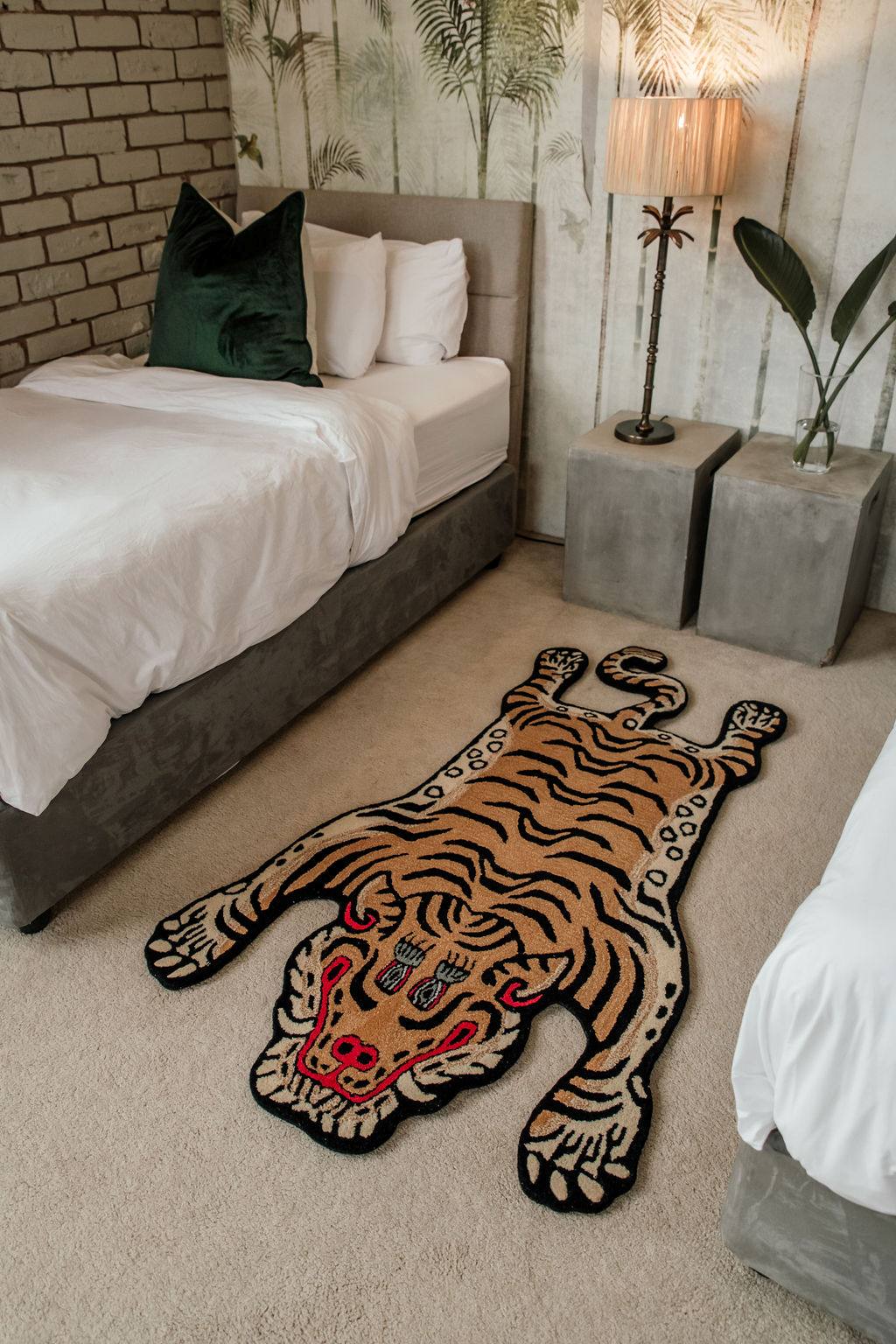 Kids bedroom with a wool tiger rug on the floor