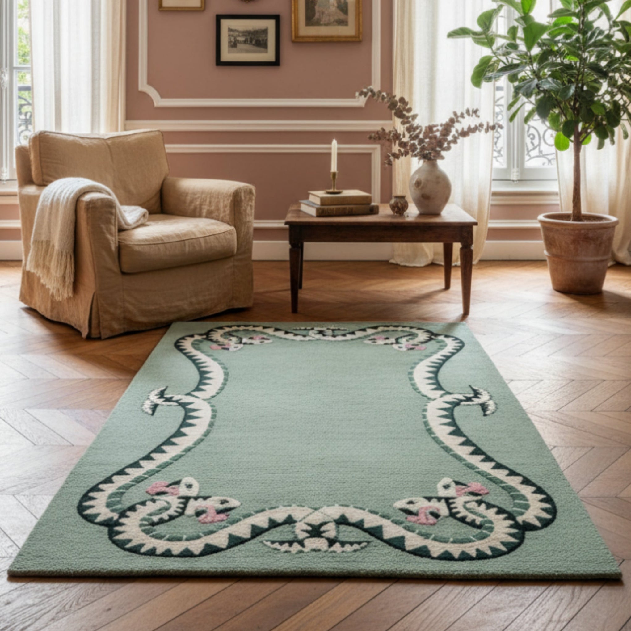 sage green wool Snake print viper rug with intertwined vipers around the border